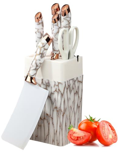 Bloc à couteaux 7 pièces en acier inoxydable, set de couteaux de cuisine professionnels avec lames tranchantes et bloc en marbre blanc