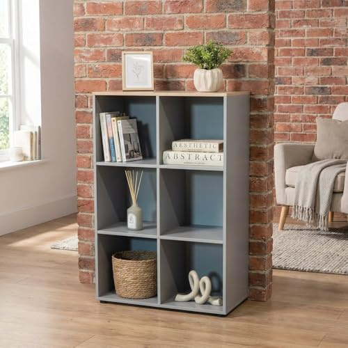 wilko Cuba Storage Unit, 6 Shelf, Grey and Sonoma Oak, Particle Board, 58.6 x 29 x 89cm, Spacious Top, Books, Decor, 5kg Weight Capacity Shelf, Bedroom, Living Room, Office, Assembly Required