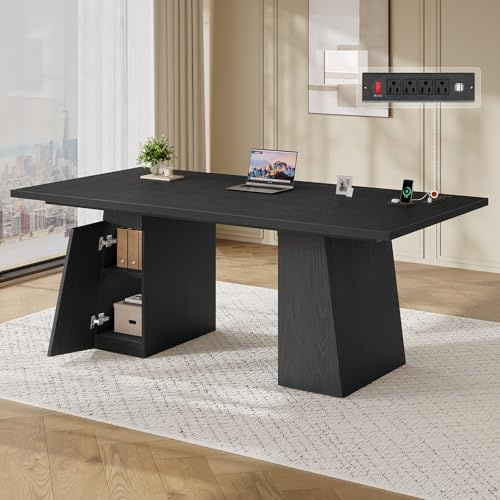 UPOSOJA 63 in Executive Desk with Power Outlets, Modern Home Office Desk with Storage Cabinet, Wood Computer Desk Business Workstation Desk Conference Table Black