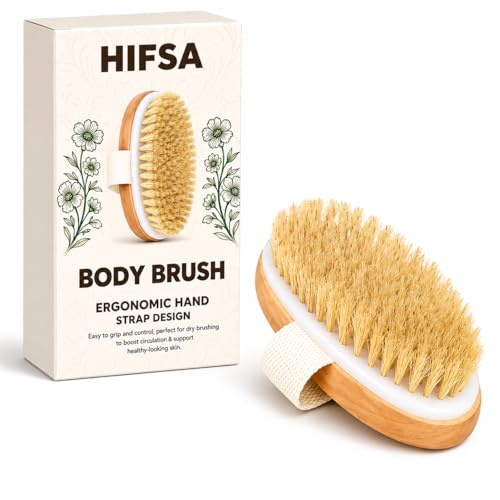 Body Brush Body Scrubber Natural Bristle Brush Back Exfoliating Skin Brush for Lymphatic Drainage Bath Brush Wooden Base Hand Strap Dead Skin Removal Cellulite Reduction Shower Dry Brushing(1pc)
