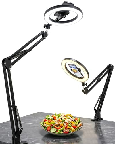 Overhead Phone Mount with Ring Light, Overhead Tripod Stand & Phone Holder, 10 Ringlight Desk Streaming, Flexible 3 Light Colors and 10 Brightnesses