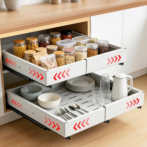 uifame Ausziehbare Schubladen Organizer, 4-Wege teleskop verstellbare Schubladeneinsätze, 2er-Set Küchen-Schubladen-Organizer aus Kohlenstoffstahl für Spüle, Bad, Schrank(29,5-48cm L x 41,5-58cm B)