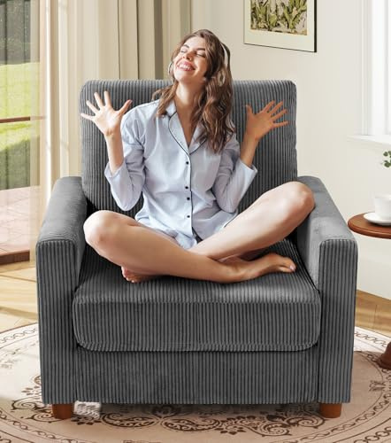 Kidirect Cord Sessel Wohnzimmer, 90CM Lesesessel Bequem 57CM Extra Tiefe Sitze, Ohrensessel Werkzeugfreie Montage, Big Sessel mit 2 Kissen, Modernes Sofa Klein fürs Büro, Schlafzimmer Sofas Grau