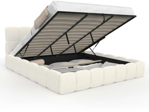 IDMarket - Lit Coffre Double Nuage 180 x 200 cm Bouclette Blanc | Avec tête de lit matelassée et sommier