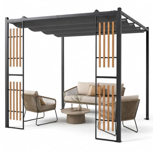 GOPLUS 2,32x2,32 M Pérgola de Jardín con Techo Retráctil y Pantallas