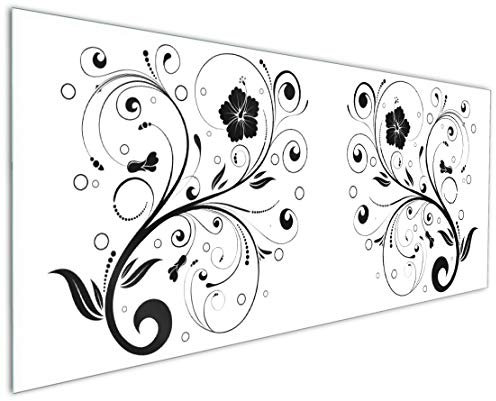 Wallario Küchenrückwand aus Glas 125 x 50 cm, Motiv: Schnörkelmuster in schwarz weiß mit Blumen und Kreisen | Spritzschutz abwischbar & pflegeleicht