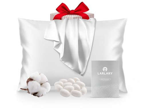 Larlary Federa Seta Cuscino (50x75 cm) Federe Cuscino Letto, 90% Seta, 10% Cotone, Antiacaro e Ipoallergico, Protezione Capelli e Pelle (1, Bianco)