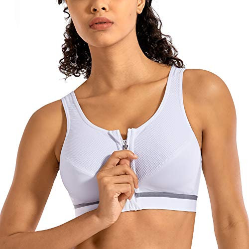 SYROKAN Women's Sports Bra Front Zip Wireless High Support Posture Comfort Workout Bra White - New 34C