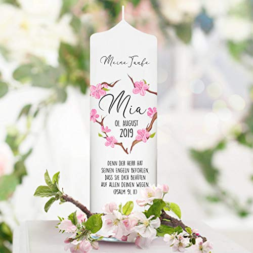 Wandtattoo Loft Taufkerze Blumenkranz mit rosa Blüten und Wunschdaten - Kerze zur Taufe, Geburt oder Kommunion – weiß 25 x 7 cm mit Name, Datum, (mit eigenem Taufspruch)