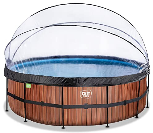 EXIT Toys Wood Pool mit Abdeckung - ø450x122cm - Großer, Runder Rahmenpool mit Sandfilterpumpe, Wärmepumpe und Poolleiter - Extra tiefer Pool - Für Sauberes und Warmes Poolwasser - Braun