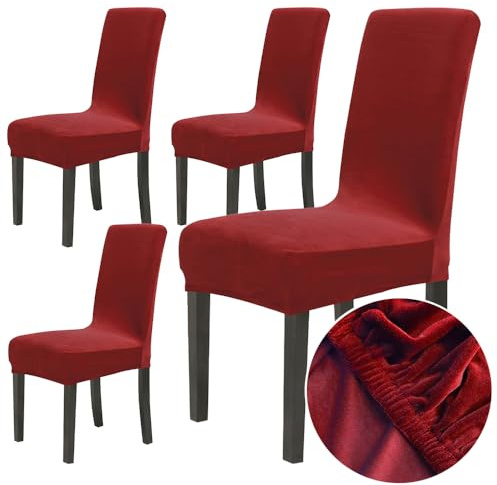 Chickwin Stuhlhussen 4er Set, Samt Dehnbarer Stuhlbezug, Waschbarer Hohen Zurück Stuhlhussen Slipcover Für Esszimmer, Hotel, Küche, Bankett, Partys,Abnehmbaren Stuhl Schutz -Wein Rot