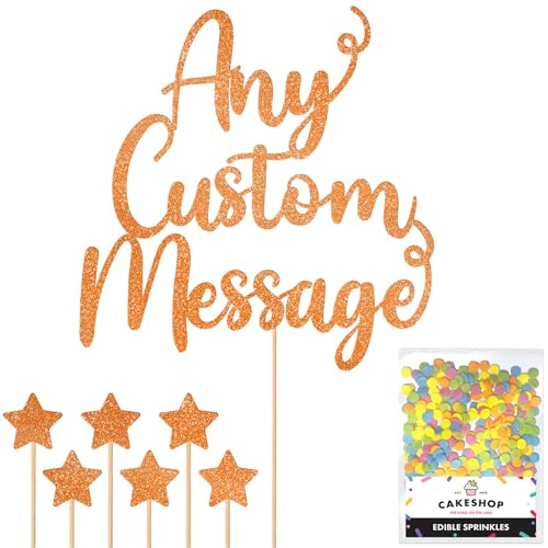 Any Text Personalised Glitter Cake Topper - Copper Orange Name, Age, Words Glitter Cake Decoration and Sprinkles - Happy Birthday Decorations - Personalised Toppers for Cakes by Cakeshop