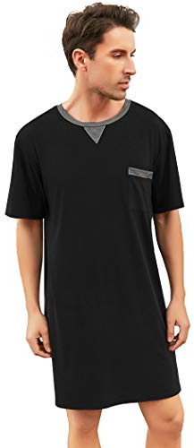 Enjoyoself Pijama de algodón para Hombre, Suave, Transpirable, Longitud hasta la Rodilla, Camisa de Noche de Manga Corta, Ropa de Dormir para Descansar, Type3-black, S