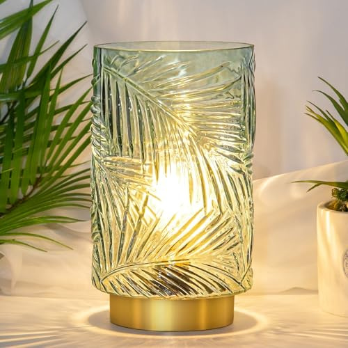MJ PREMIER Battery Operated Lamp, Small Cordless Lamp with Timer, S-Green | Glass Lampshade, Small Table Lamps for Area No Plug, Decorative Led Light for Bedroom Living Room Shelf