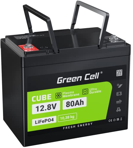 Green Cell LiFePO4 Batterie 80Ah 12.8V 1024Wh Faible poids Lithium Fer Phosphate Caravane Photovoltaïque BMS pour Camping Car Bateau Golf Voiture Solar tondeuse à gazon l'énergie éolienne Marine