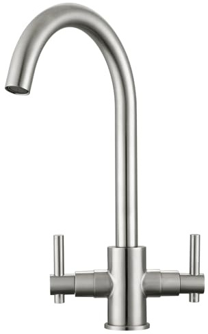 Peppermint Stainless Steel Kitchen Tap Brushed Steel Dual Lever Mixer Taps | 360 Swivel Spout | Fingerprint Resistant Brushed Nickle Finish | Easy 1 Hole DIY Installation | Simple Wipe-Clean Maintenance
