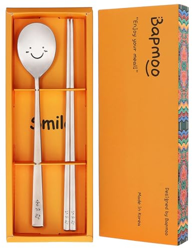 BAPMOO Korean Utensils Essstäbchen und Löffel, wiederverwendbar, langer Griff, Edelstahl, gut als Geschenk, Happy Face & Hangul-Figuren, graviert, Silber