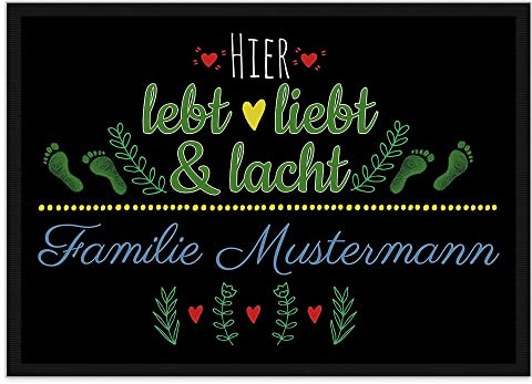 Print Royal Fußmatte mit Spruch - Lebt Liebt Lacht - Willkommen - Selbst Gestalten mit Wunschnamen - Gelbes Herz 75 x 50 cm