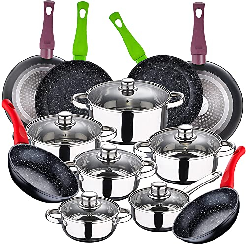 Bateria de cocina 12 piezas SAN IGNACIO Cassel, acero inoxidable, con juego sartenes (18/20/22/24/26 cm) SAN IGNACIO Jolie en aluminio forjado