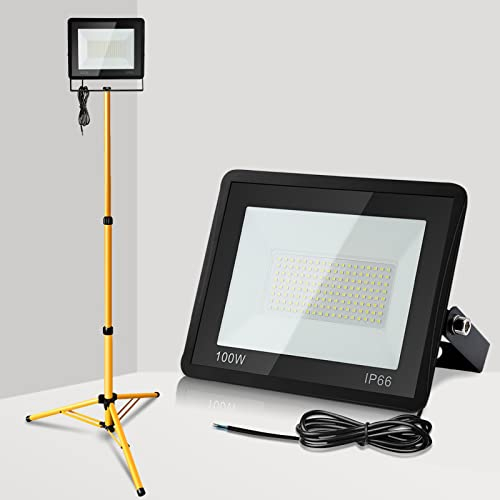 Ikodm Projecteur de chantier LED avec trépied, 100 W IP66, étanche, 3000 K blanc chaud, 8500 lm, lampe de chantier, projecteur de travail pour cave, hangar, entrepôt (avec câble de 1 m, pas de fiche)
