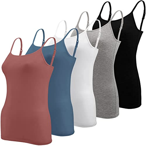 BQTQ 5 stycken spagettitopp damer undertröja spagettiremmar linne med justerbar rem basic Cami linne topp för kvinnor och flickor, Svart, vit, grå, azurblå, indisk röd, XXL