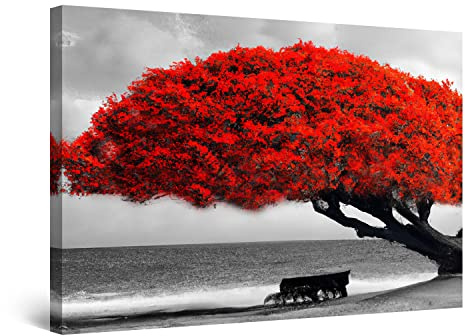 Startonight Impression sur Toile Banc d'Arbre Rouge - Tableau Abstrait - Decoration Murale Salon Moderne - Image sur Toile - Grande 80 x 120 cm Idée Cadeau Élégante et Originale Lumineux