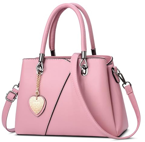 FOLOVEYA Handtasche Damen mittelgroß Henkeltasche PU Leder Umhängetasche | Damenhandtasche mit Herzanhänger und verstellbarem Schultergurt, elegante Arbeitstasche für Büro, Shopping, Reisen und Alltag