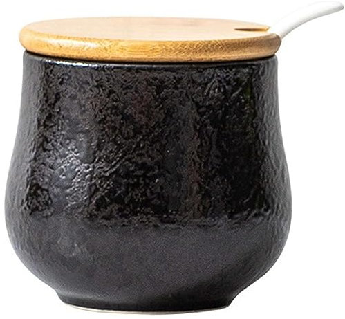 FülleMore Keramik Gewürzdose Zuckerdosen mit Deckel und Löffel Retro Gewürzgläser Küche Gewürzbehälter Vorratsdose Salzdose Vorratsbehälter Gewürzbox 230ml (Schwarz)