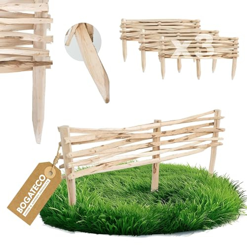 BOGATECO 3x Gartenzaun aus Haselholz 90cm x 20cm Beeteinfassung Rasenkanten Zaun Holz Beetumrandungen Staketenzaun Beetabgrenzungen Steckzaun Perfekt als Beet-Umrandung oder Weg-Abgrenzung