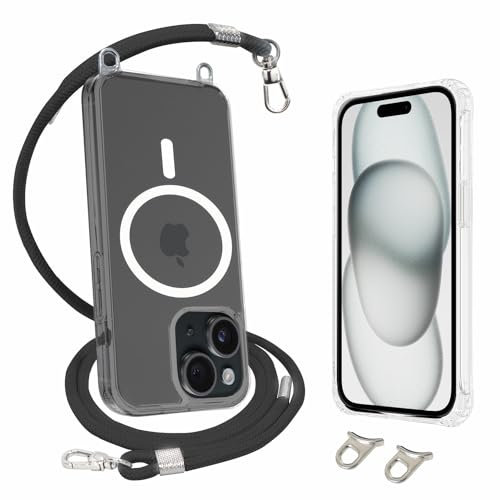 AHABIPERS Crossbody Lanyard Phone Case for iPhone 15 Case Kit, Classic Hybrid Magnetic Case Compatible with MagSafe (Clear) + Necklace Phone Cover with Adjustable Strap (Black) for iPhone 15 6.1 inch