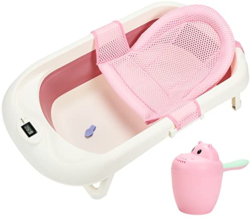 Cecaylie Baby Badewanne, Faltbar Babybadewanne, Klappbare Badewannen, Baby Badewanne mit Thermometer und Bath Mat, Babybadewanne Neugeborene für Babys 0-6 Jahre,Rosa