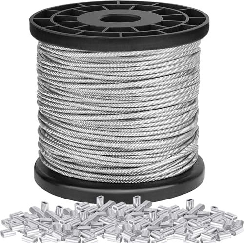 LOSYHU 1/16 Wire Rope 100m, 1.5mm Stainless Steel Wire Cable Rope Heavy Duty 7x7 Strand Core, 167kg Breaking Strength Hanging Garden Picture Wires with 100pcs Aluminium Crimp Loop Sleeve
