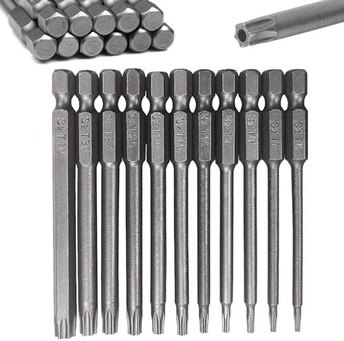 100mm Torx Screwdriver Bit Sets, 11pcs T6-T40 Security Torx Bit Set 1/4 Inch S2 Steel Star Magnetic Screwdrivers Drill Bits Tool