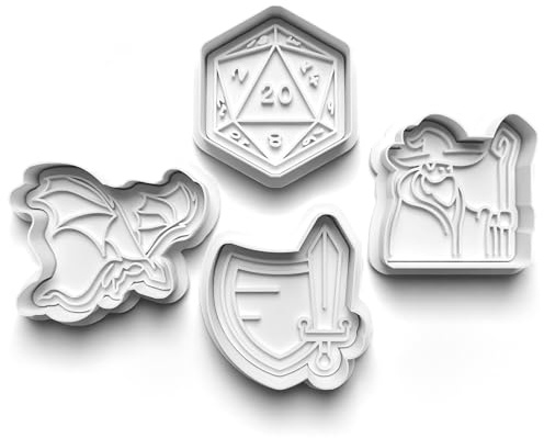 Jimmy's Print Shop 4 Piece Cookie Cutter Set - Gingerbread Man & Dice & Dragons Designs - 9cm - White Plastic - Handmade & Unique