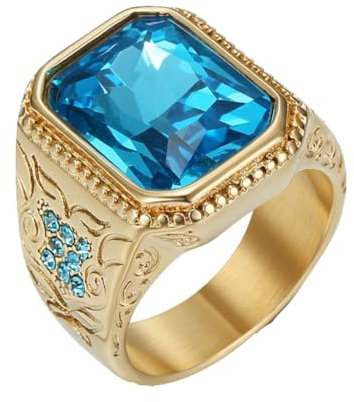 PAMTIER Herren Edelstein Ring Multifacetten Stein Statement Ring mit Cubic Zirkonia Blume Seite Muster Ehering Goldplattiert Blau Größe 70 (22.3)