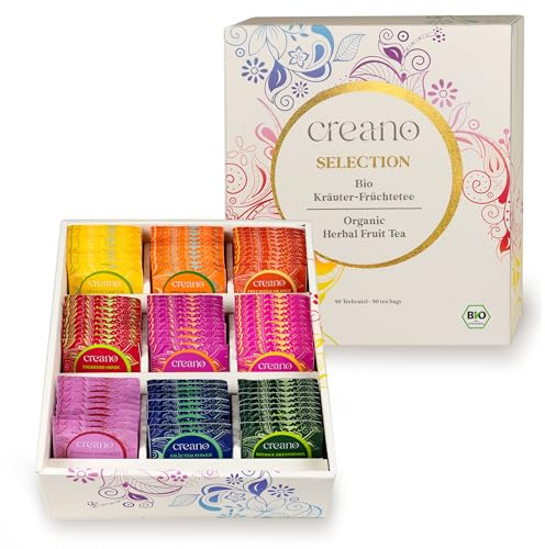 Creano „Organic Herbal Tea“ Caja Bio de 90 Bolsitas con 9 Variedades de Frutas y Plantas – Mezclas Aromáticas Naturales para Regalo*