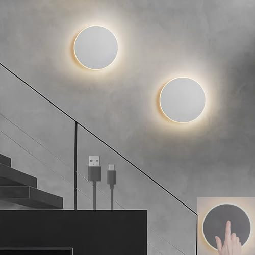 GZZBMY LED Innen Wandleuchte mit Schalter Touch Moderne Runde Metall Wandlicht Lampen mit Akku Kabellos Rund Wandlampe Batteriebetriebene USB für Schlafzimmer Wohnzimmer (Weiß Neutrales Licht,15CM)