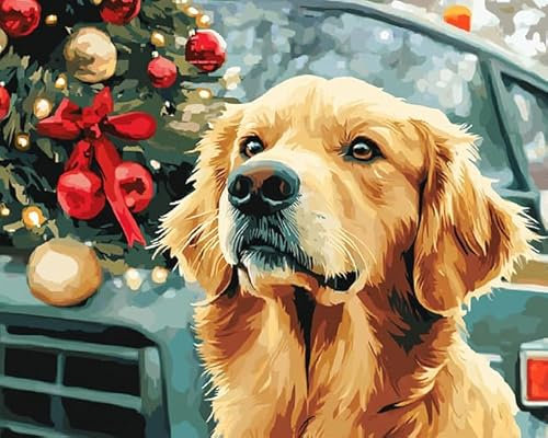 Malen-nach-Zahlen-Set zum Selbermachen für Erwachsene,Weihnachts-Golden Retriever und Lastwagen,Acryl-Malset mit Pinseln,Leinwand,perfekt für Feiertagsbasteleien und Heimdekoration,40x50 cm,mit Rahmen