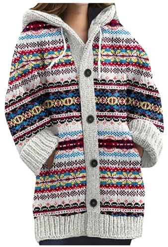 Cardigan pour femme avec motif torsadé long avec capuche - Manches longues - Avant ouvert - Col en V - Boutonnière avec poches - Broderie - Mélange de laine - Grosse maille - Cardigan - Veste