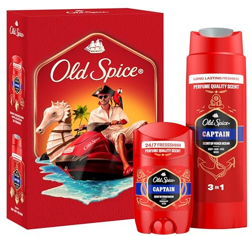 Old Spice Captain Coffret cadeau pour homme avec bâton déodorant Captain et gel douche, 24h/24, 7j/7 avec usage quotidien, parfum de qualité durable