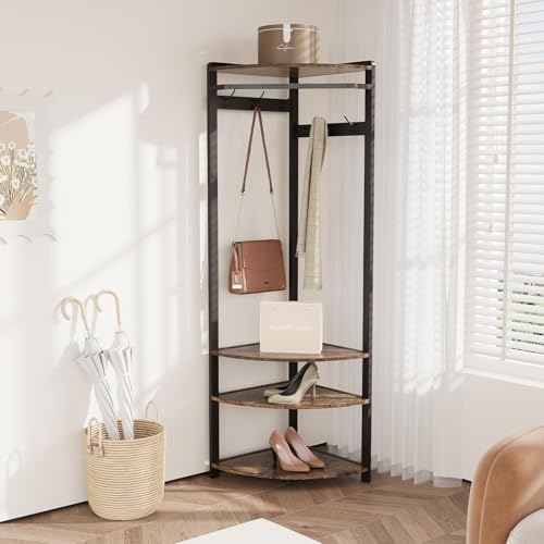 Garderobenständer Ecke, Eckgarderobe Metall mit 6 Doppelhaken/ Aufbewahrungsregal/ Schuhregal Offene Kleiderständer Flurregal Platzsparend Industrial Design für Flur Wohnzimmer Schlafzimmer Vintage