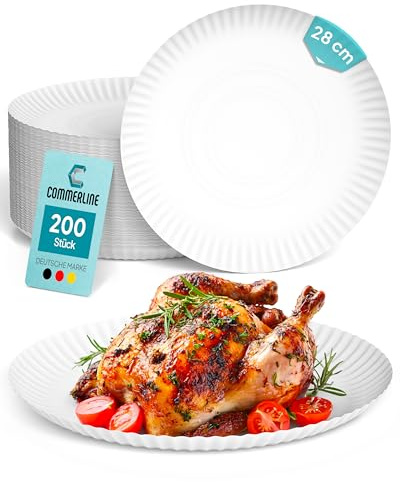 Commerline 50 Stück Rund Pappteller Ø28 cm | Hochwertige Einwegteller für Kuchen, Partys & Snacks | Einweggeschirr & Einmalgeschirr | Pappteller für Essen, Geburtstage & Catering