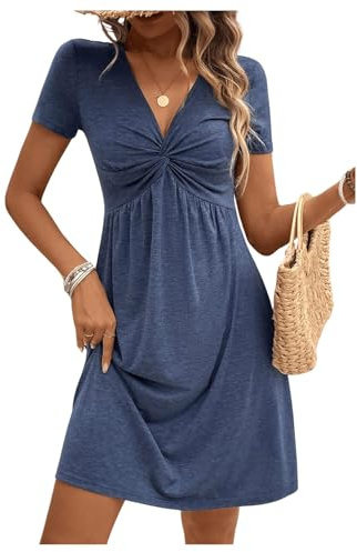 EIRUKON Vestito Donna Manica Corta Vestiti Estivi Scollo a V Casual Abiti da Donna Elegante Mini Vestito Vita Alta Linea A Moda Abito,Blu,M