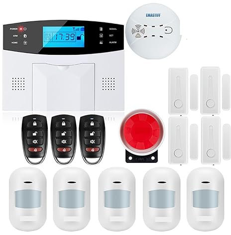 Sistema de Alarma para Casa, Alarma inteligente Antena incorporada Sensor de espacio de puerta Detector de movimiento PIR Inalámbrico LCD GSM Tarjeta SIM de alarma de seguridad for el hogar Sirena con