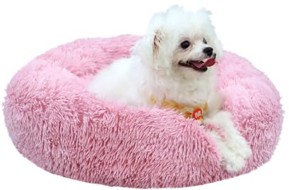 MDDK DY Pink Plush Cat Bed for Indoor Cats 50cm, Washable Small Dog Bed | Soft Plush Comfort, Non-Slip Bottom, Thick PP Cotton Filling, Cozy Donut Design, Machine Washable, Ideal for Small Pets