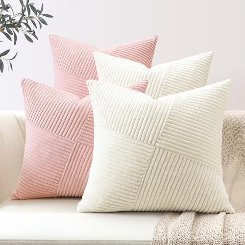 Sungeek 4er Set Cord Kissenbezüge, Windmühle Streifen Kordsamt Kissenbezug Sofakissen Dekokissen Patchwork Design Deko Zierkissenbezüge Kissenhülle für Wohnzimmer (40x40cm, Rosa Creme Weiß)