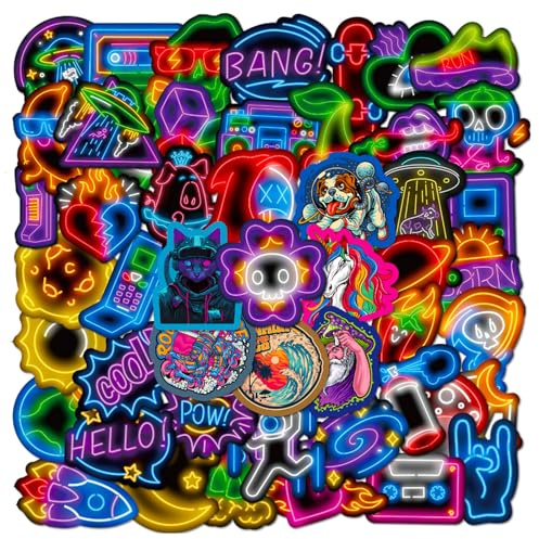 50pcs Cool Cute Neon Sticker Bags, Children's Birthday Gift Themed Party Bag Filling, Water Bottle Suitcase, Skateboard, Suitcase, Guitar