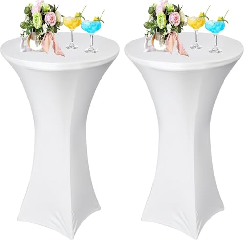AMFUN 2er-Set Stretch Stehtisch Hussen, Stehtisch Hussen, Verstärkung im Fußbereich, Quadrat Ecken Stehtischhussen für Bar, Hochzeit, Cocktail-Party, Bankett, Stretch（80×120cm, Weiß）