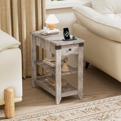 BonVache Beistelltisch, Nachttisch mit Ladefunktion, Sofatisch Klein, Schmal Couchtisch mit Ablage, 1 Schubladen, Zeitschriftenhalter, Nachtschrank für Wohnzimmer, Schlafzimmer, Grau