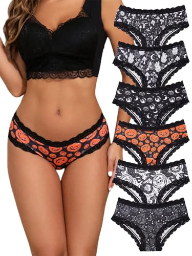 Morvia 6pcs Women Underwear Gothic Sexy Halloween Skulls Roses Allover Print Contrast Lace Hipsters Panties (US, Alpha, Medium, Regular, Regular, 6pcs Halloween & Mystical Print)